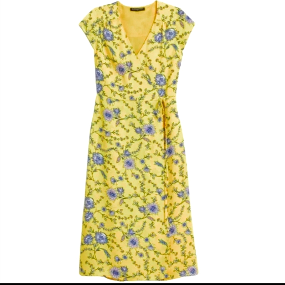 Banana Republic Yellow Flower Floral Midi Wrap Dress Size 2 Petite